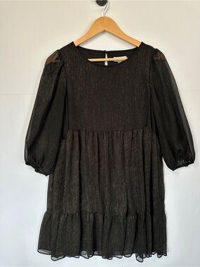 Calvin Klein Metallic Babydoll Mini Dress Black Gold Shimmer Size 10
